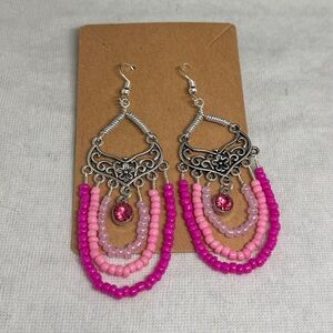 Silver and Pink Beaded Earrings